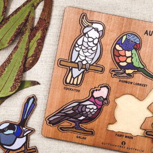 A wooden bird puzzle. Rectangular in shape with 6 different colourful bird shapes to place back in the correct cut out shape.