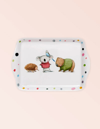 Melamine small white tray with Barney Gumnut illustrations. The characters are an echidna, a koala, a budgie and a wombat .