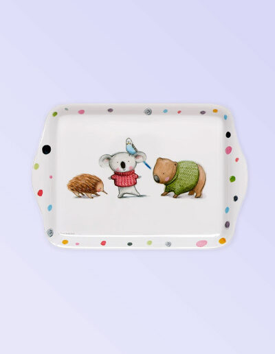 Melamine small white tray with Barney Gumnut illustrations. The characters are an echidna, a koala, a budgie and a wombat .