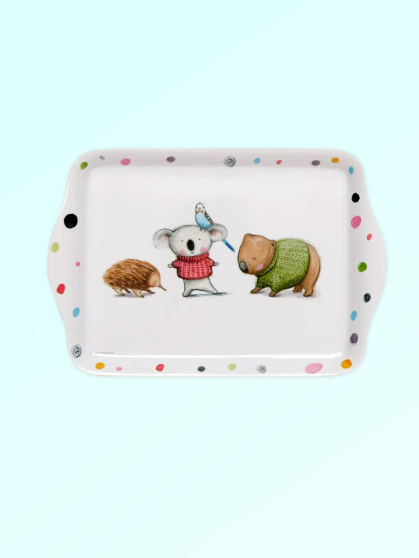 Melamine small white tray with Barney Gumnut illustrations. The characters are an echidna, a koala, a budgie and a wombat .