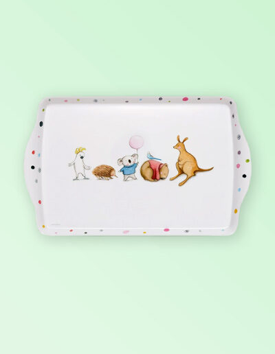Melamine large white tray with Barney Gumnut illustrations. The characters are a cockatoo, an echidna, a koala, a wombat and a kangaroo.