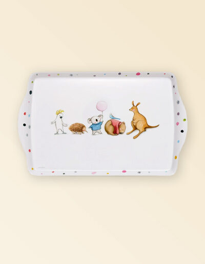 Melamine large white tray with Barney Gumnut illustrations. The characters are a cockatoo, an echidna, a koala, a wombat and a kangaroo.