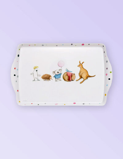 Melamine large white tray with Barney Gumnut illustrations. The characters are a cockatoo, an echidna, a koala, a wombat and a kangaroo.
