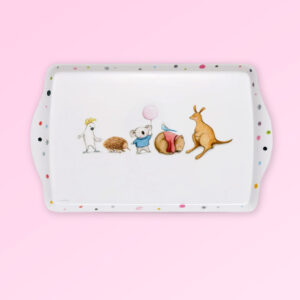 Melamine large white tray with Barney Gumnut illustrations. The characters are a cockatoo, an echidna, a koala, a wombat and a kangaroo.