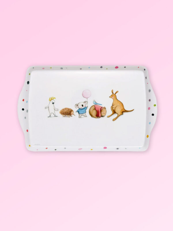 Melamine large white tray with Barney Gumnut illustrations. The characters are a cockatoo, an echidna, a koala, a wombat and a kangaroo.