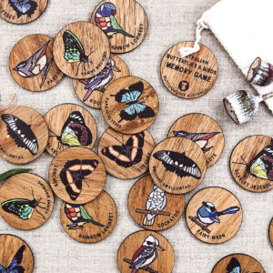 Wooden Australian Butterflies and Birds memory game. 24 round wooden discs with pairs of 12 different Australian butterflies and birds.