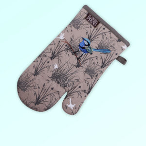Insulated single oven mitt with an embroidered blue wren perched in grasses as the fabric design. The fabric is a natural Australian organic cotton with brown/grey trim around it and a tab to hang it.