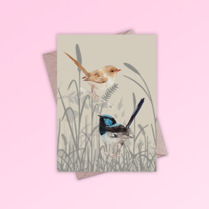 Greeting card printed in Australia. Made with recycled card. It has an image of a pair of blue wren birds in grassland on the front and is blank inside.