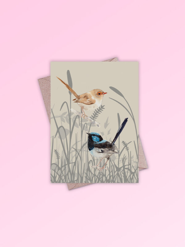 Greeting card printed in Australia. Made with recycled card. It has an image of a pair of blue wren birds in grassland on the front and is blank inside.