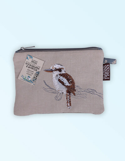 Fabric purse with zip closure made with Australian organic cotton fabric and featuring an embroidered Kookaburra