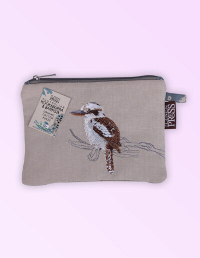 Fabric purse with zip closure made with Australian organic cotton fabric and featuring an embroidered Kookaburra