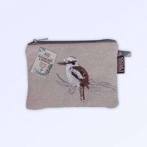 Fabric purse with zip closure made with Australian organic cotton fabric and featuring an embroidered Kookaburra