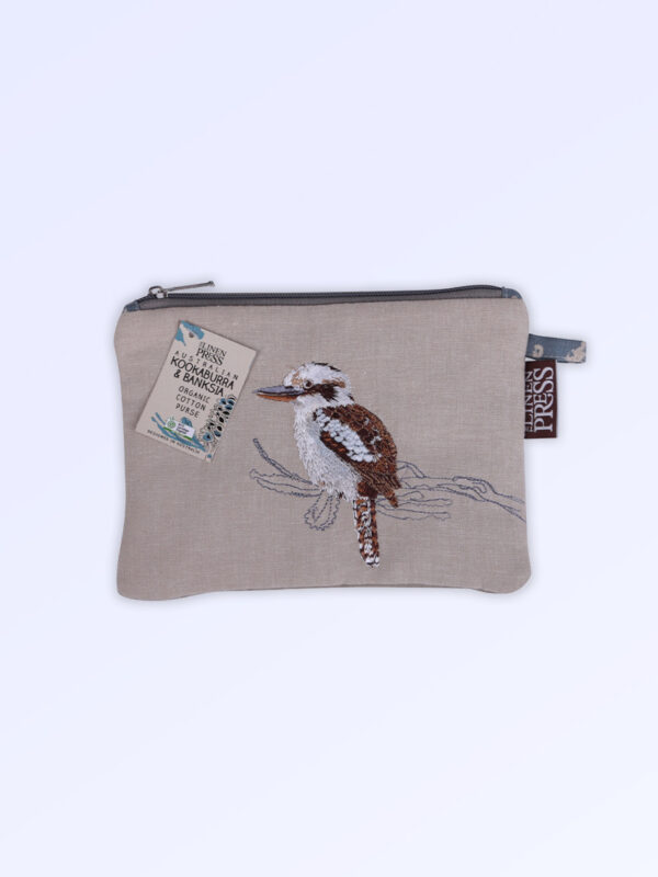 Fabric purse with zip closure made with Australian organic cotton fabric and featuring an embroidered Kookaburra