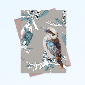 Greeting card printed in Australia. Made with recycled card. It has an image of a kookaburra and banksia flowers on the front and is blank inside.