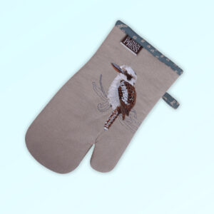 Single oven mitt, insulated. This oven mitt is made with organic cotton featuring an embroidered Kookaburra, trimmed with a blue grey cotton fabric with a hang tie