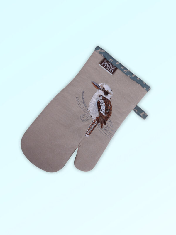 Single oven mitt, insulated. This oven mitt is made with organic cotton featuring an embroidered Kookaburra, trimmed with a blue grey cotton fabric with a hang tie