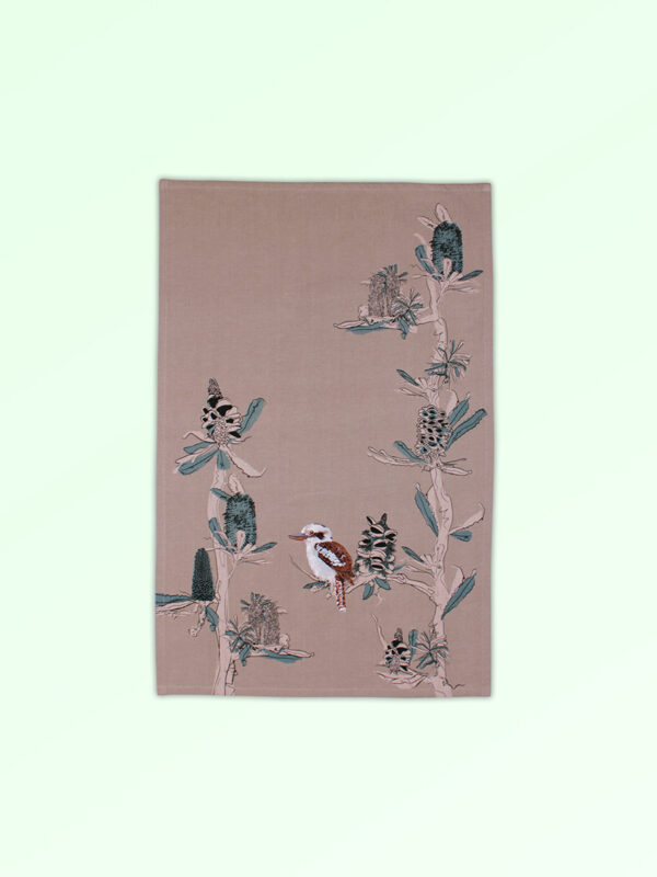 Tea towel with embroidered kookaburra sitting in screen printed banksia trees. The fabric is a natural Australian organic cotton.