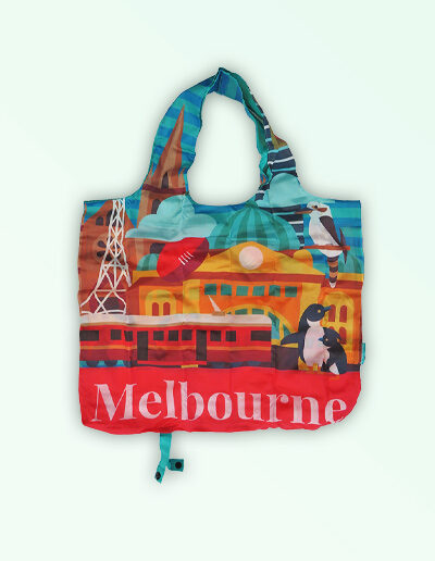Foldable strong shopping bag printed with illustrations of Melbourne icons. Made with polyester.