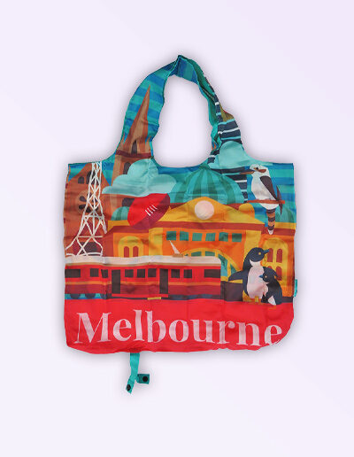 Foldable strong shopping bag printed with illustrations of Melbourne icons. Made with polyester.