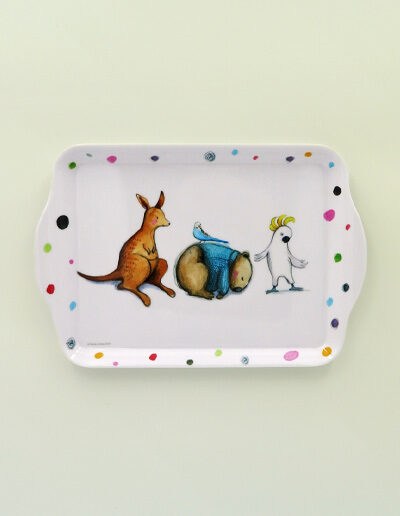 Melamine small white tray with Barney Gumnut illustrations. The characters are a cockatoo, a wombat and a kangaroo.