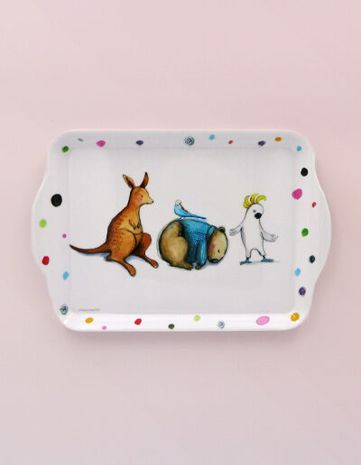 Melamine small white tray with Barney Gumnut illustrations. The characters are a cockatoo, a wombat and a kangaroo.