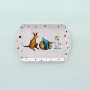 Melamine small white tray with Barney Gumnut illustrations. The characters are a cockatoo, a wombat and a kangaroo.