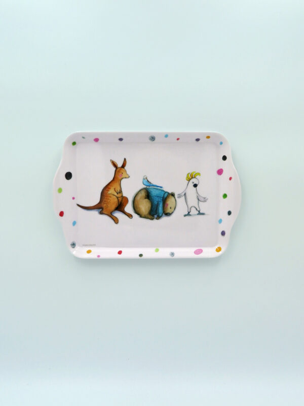 Melamine small white tray with Barney Gumnut illustrations. The characters are a cockatoo, a wombat and a kangaroo.