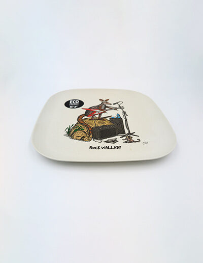 An eco friendly bamboo plate with a whimsical illustration of a rock wallaby on it.