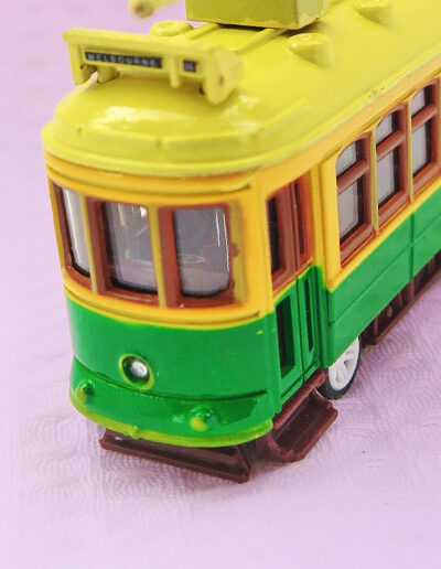 A metal model of a City Circle tram in the green colour.