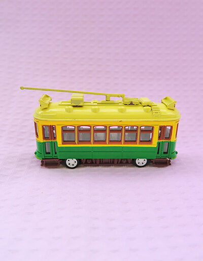 A metal model of a City Circle tram in the green colour.
