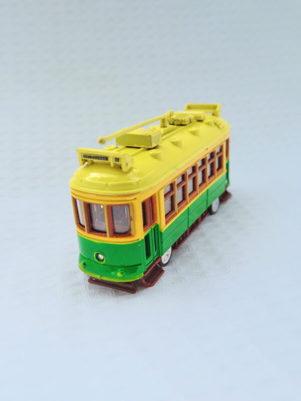 A metal model of a City Circle tram in the green colour.