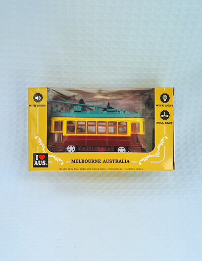 A metal model of a City Circle tram in the maroon colour. It is in the presentation box it comes with.