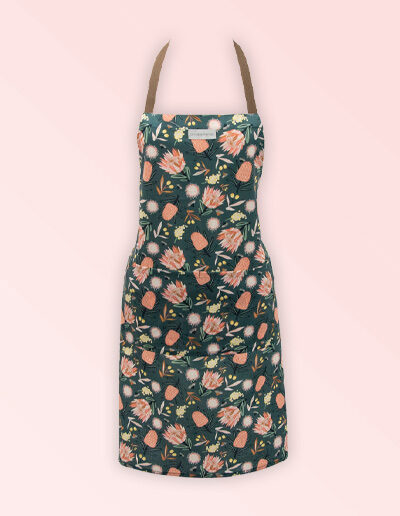 Kitchen apron with the Aussie Flora design fabric in khaki