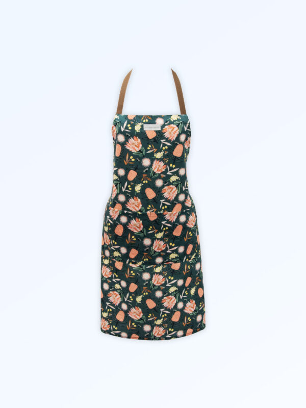 Kitchen apron with the Aussie Flora design fabric in khaki