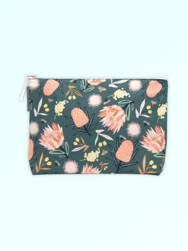 Large cosmetic bag with the Aussie Flora design fabric in khaki