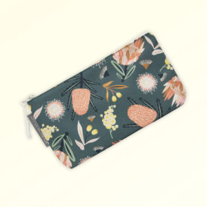 Small cosmetic bag with the Aussie Flora design fabric in khaki