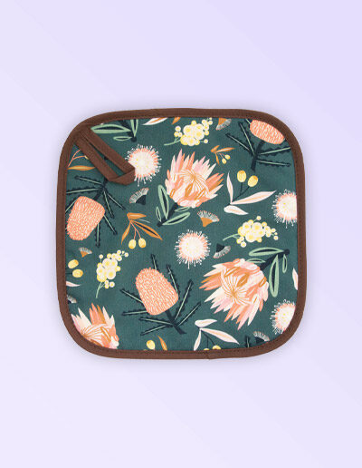 Insulated pot holder with the Aussie Flora design fabric in khaki