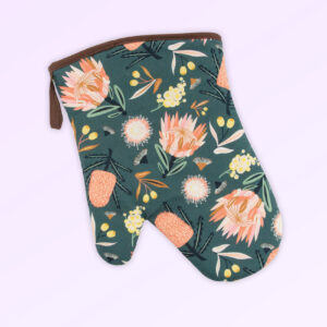 Single oven mitt with the Aussie Flora design fabric in khaki