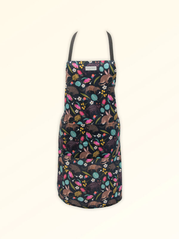 Kitchen apron with a fabric design of Australian nocturnal animals