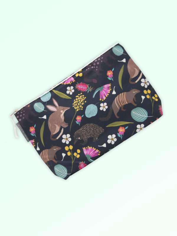 Large cosmetic bag with the fabric design of Australian nocturnal animals