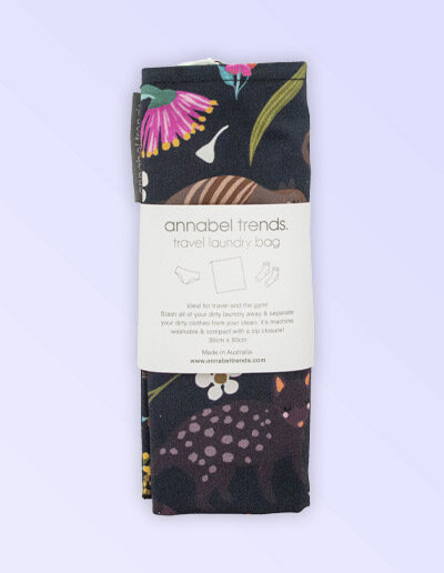 Travel laundry bag with the fabric design of Australian nocturnal animals, wrapped in its paper packaging