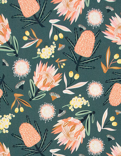 Detail of the Aussie Flora design fabric in khaki