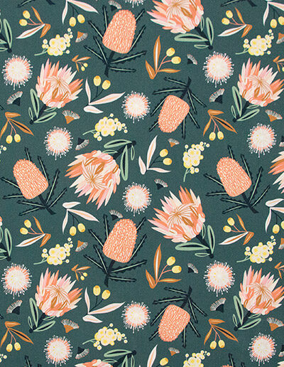 Detail of the Aussie Flora design fabric in khaki