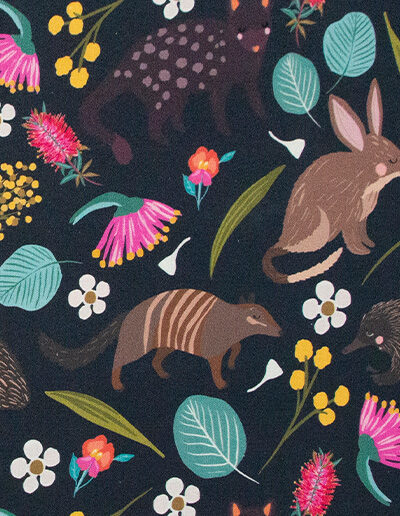 Detail of the nocturnal animal fabric showing a bilby, a bandicoot and a quoll