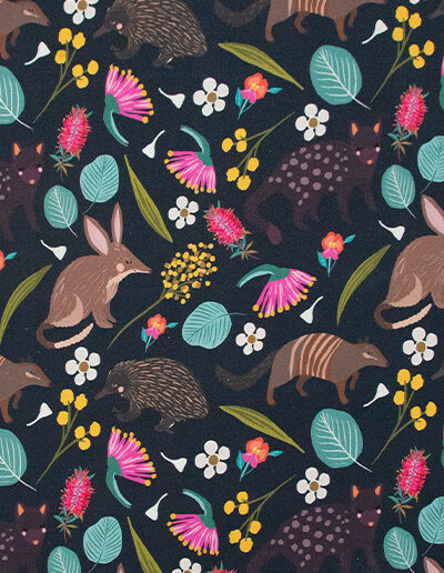 Detail of the nocturnal animal fabric showing a bilby, a bandicoot, an echidna and a quoll