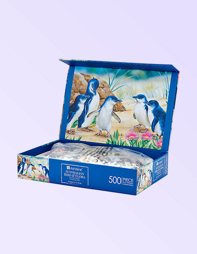 Penguin 500 piece jigsaw puzzle with the lid of the box open