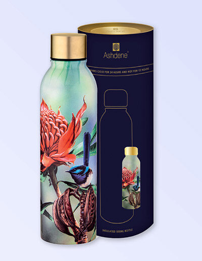Drink bottle with waratah and blue wren design sitting next to its cylinder packaging