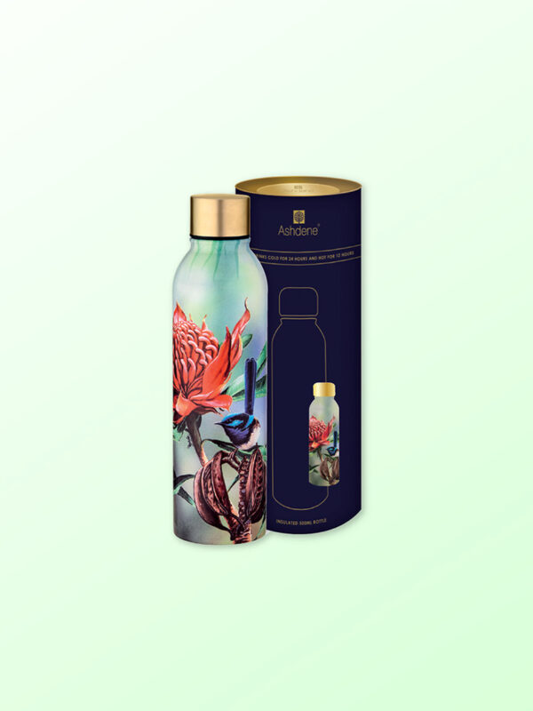 Drink bottle with waratah and blue wren design sitting next to its cylinder packaging