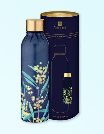 Drink bottle with wattle design sitting next to its cylinder packaging