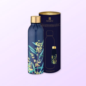 Drink bottle with wattle design sitting next to its cylinder packaging